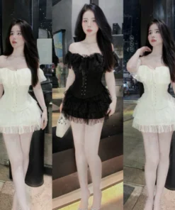Đầm Trễ Vai Đan Tay Váy Xòe Tầng Sang Trọng