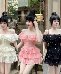 Set váy nữ trễ vai tay ngắn, bèo ngực có mút, dáng xoè và có lót, hoàn hảo cho những bữa tiệc sang trọng.